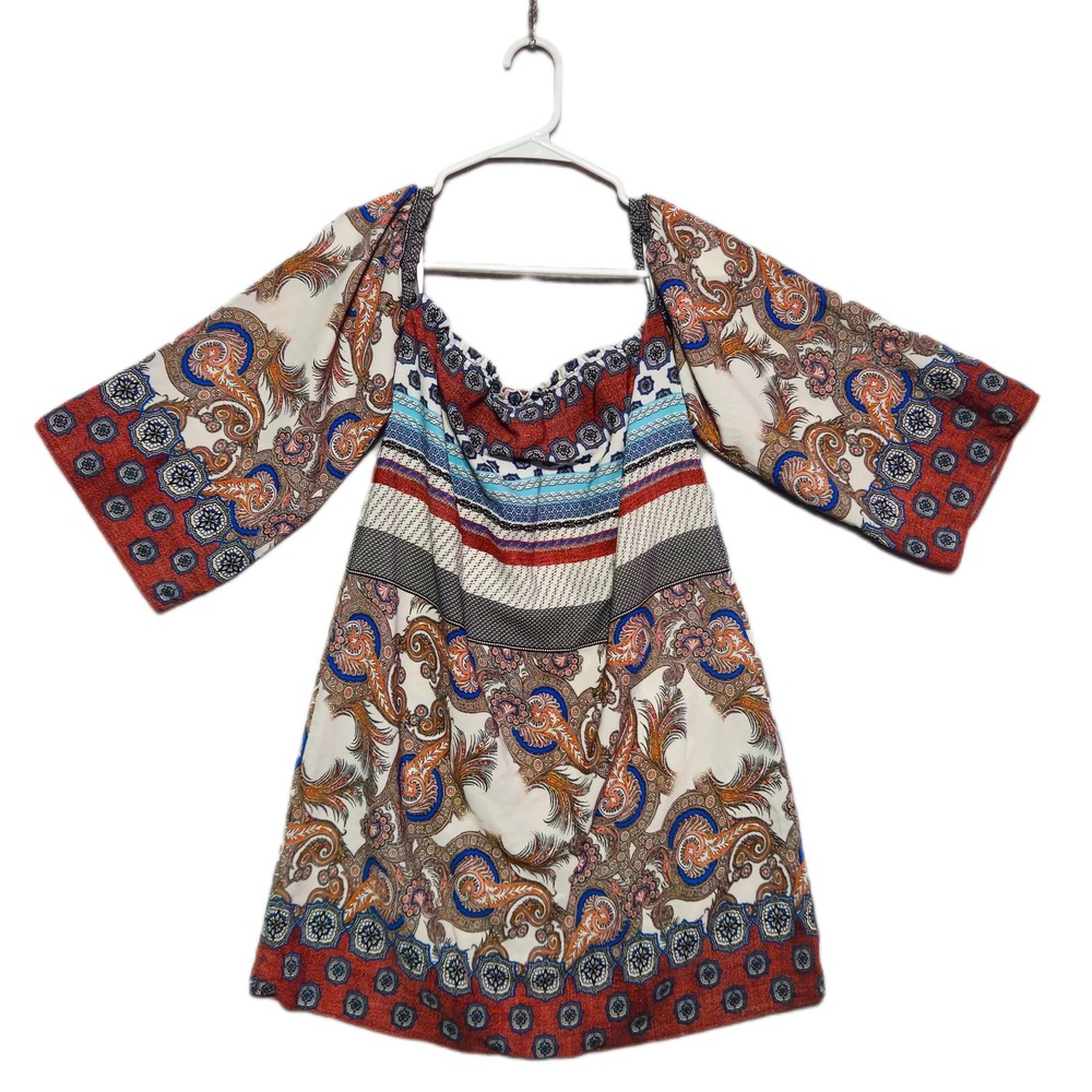 ELA Paisley Off Shoulder Top Women 10 Multicolor Boho Bell Sleeve Tunic Floral